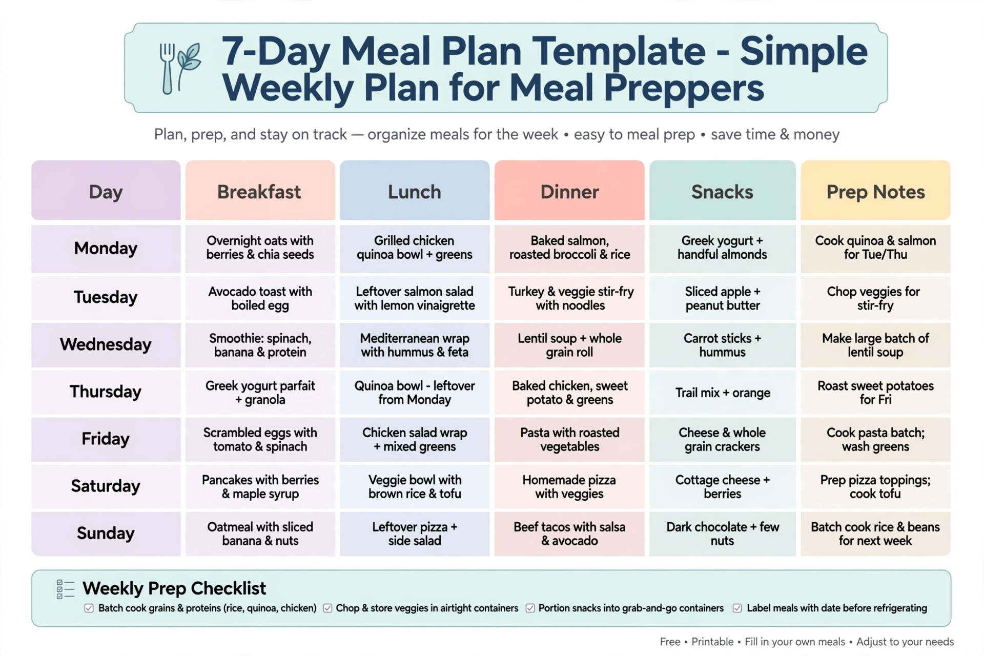 7-day meal plan template - weekly meal prep schedule with grocery list